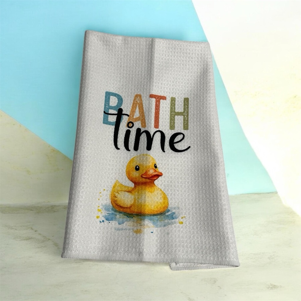 Bath Time Duck Print Waffle Weave Hand Towel - White